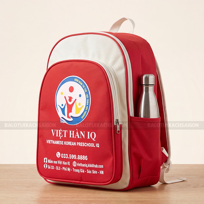 Sản xuất balo học sinh Việt Hàn IQ màu đỏ nổi bật 3